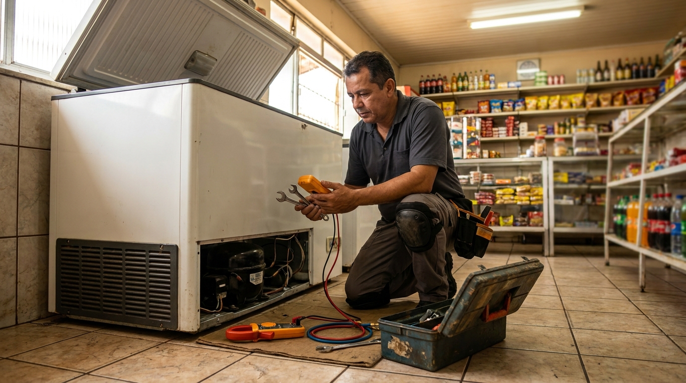 Profissional executando manutenção no motor de freezer em Mogi das Cruzes‑SP